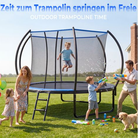 Trampolín redondo de 305 cm con red de seguridad y escalera, EN 71-14, CE, negro y azul DESVIAE (1/5)
