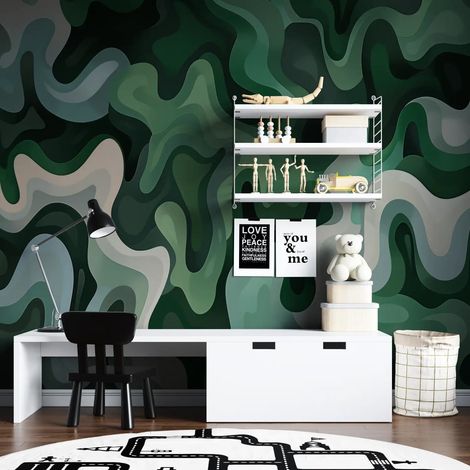 Papier Peint Géométrique - Abstraction Ondulée Verte - 150 x 250 cm (1/2)