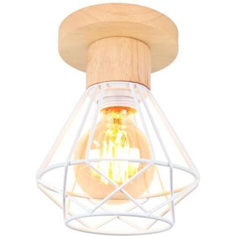 Industrial Ceiling Light, 16CM Vintage Light Fixture E27 Retro Chandelier Pendant Light in Iron and Wood Cage Design White Ceiling Lamp for Entrance Hallway Bedroom Kitchen, 1 Pack (1/5)