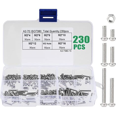 Ecrous Et Boulons - Acier Inoxydable 304 - Tête Hexagonale M2 - Longueurs 4mm 6mm 8mm 10mm 12mm 16mm - 230 Pièces