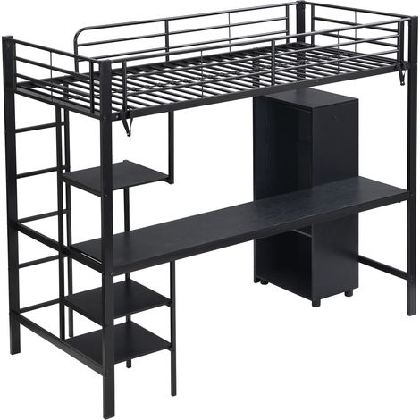 Lit superposé en métal noir 90x200 cm avec bureau, armoire et rangements (1/5)