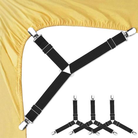 Pinzas ajustables para sábanas, juego de 4 piezas, que incluye pinzas ajustables y pinzas a presión para sábanas, color negro. (1/5)