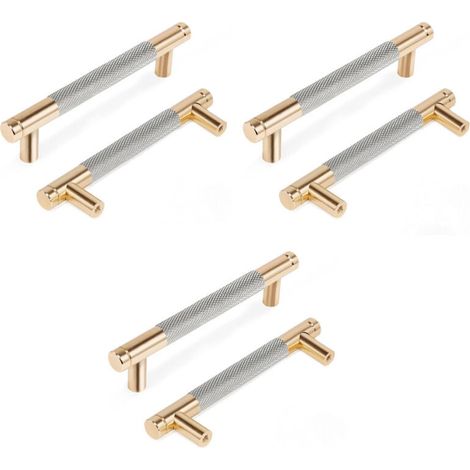 Gerändelte Möbelgriffe, Küchenschrankgriffe, Schubladengriffe, 128 mm Lochabstand, 6 Stück (Gold + Grau) (1/4)