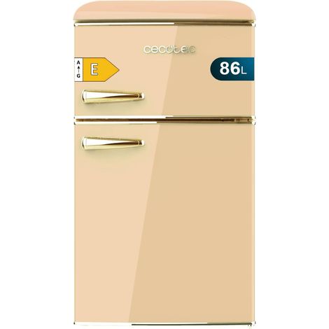 Minifrigo retrò beige doppio sportello, alto 89,3 cm e largo 48,7 cm, con capacità di 86 litri, classe energetica E, interno a LED e maniglia cromata gold.