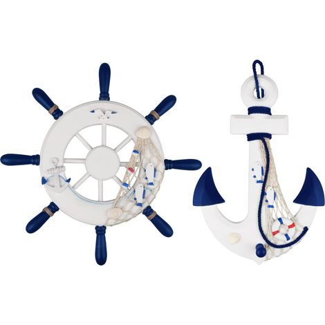 2 Pack 32 CM Roue de bateau en bois et Ancre en bois avec corde bateau nautique direction gouvernail de direction décoration murale porte pendaison ornement (1/4)