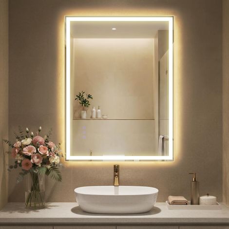 Miroir de Salle de Bain avec Éclairage, Miroir Mural Rectangulaire, Anti-buée, Température et Luminosité Réglables, pour Coiffeuse, Chambre, 80,7 x 60,7 cm, Blanc Nuage (1/5)