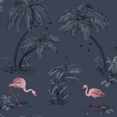 Holden Flamingo Lake Wallpaper Palm Trees Tropical Birds Midnight Blue Pink (1/5)