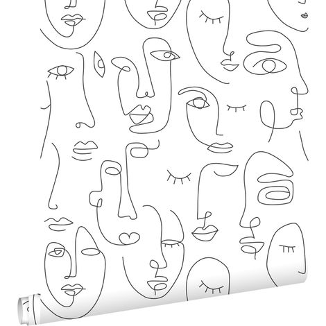 papier peint visages Line Art noir et blanc - ESTAhome (1/5)