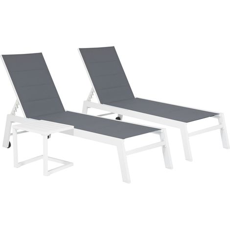 Set di 2 lettini BARBADOS in textilene grigio e tavolino - alluminio bianco