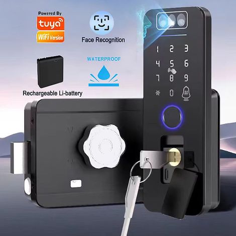 Serrure de porte intelligenteWiFi,reconnaissance faciale Tuya,empreinte digitale,carte RFID,mot de passe,contrôle par application (1/5)