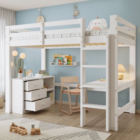 Lit mezzanine 90x200 cm - avec bureau et étagère de rangement - avec 3 tiroirs - bois massif + MDF - Blanc (sans matelas) (1/5)