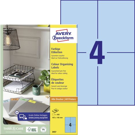 Avery Zweckform 3457 Farbige Etiketten, A4, 105 x 148 mm, 100 Bogen/400 Etiketten, blau (1/5)