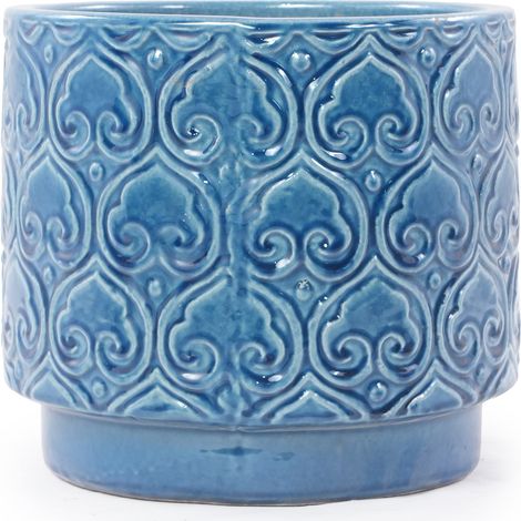 Vaso da fiori in ceramica Ø31,5 cm blu lucido con rilievo a cuore, con foro di drenaggio (1/5)