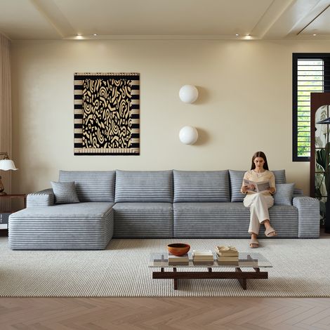 Divano angolare modulare a 4 posti con lato sinistro in velluto a coste, ripiegabile senza montaggio, imbottitura in schiuma ad alta densità, 340x175x83 cm, grigio (1/5)