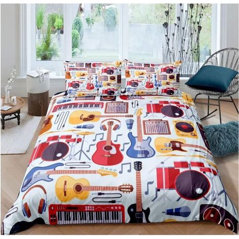 Guitare Parure de Lit 140x200cm Musique Thème Housse de Couette Coloré Musical Pattern Ensembles de Housse de Couette - 6H3 (1/4)