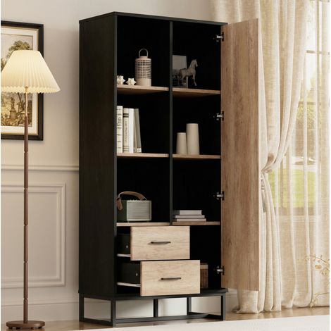 Buffet haut 80x40x180 cm noir et décor bois en MDF avec porte, 2 tiroirs et 3 niches ouvertes (1/5)