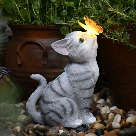 Statue de jardin de chat Ornement de papillon de chat en résine avec lumière LED solaire (1/5)