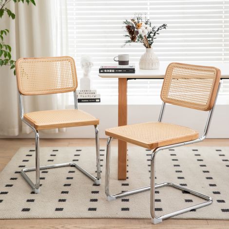 Juego de 2 sillas de comedor, sillas auxiliares de ratán y terciopelo con patas cromadas, sillas modernas de diseño Breuer de mediados de siglo, sillas tapizadas para comedor, sala de estar y cocina. (1/5)