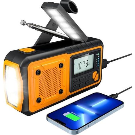 Récepteur radio d'urgence avec batterie externe de 4000 mAh, panneau solaire et manivelle.