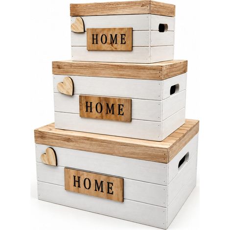 Set 3 scatole portaoggetti in Legno con coperchio e maniglie - Scatole impilabili Bianche Mis. 30x25x19 cm, 25x20x16 cm, 20x15x13 cm - Organizer per c (1/5)