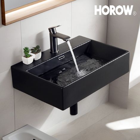 Vasque salle de bain noir mat en céramique- vasque rectangulaire - vasque à poser avec trou de trop-plein et robinet de vidange pop-up - vasque suspendue pour WC invités - 50,5 x 42 x 14 cm (1/5)