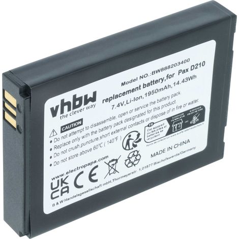 vhbw Batterie compatible avec Pax D210, D210 BlueTooth, D210 GPRS, myPOS D210 Wifi scanner de code-barre POS (1750mAh, 7,4V, Li-ion)