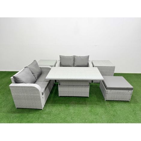 Fimous 5 Seater Outdoor Love Sofa Set Rattan Garden Furniture Set with Adjustable Lifting Dining or Coffee Table Big Footstool 2 Side Tables Light Grey (1/5)