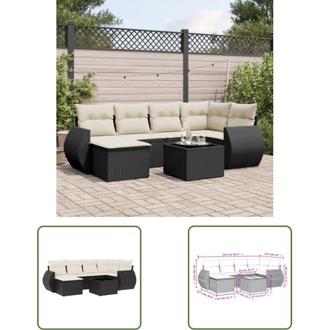 The Living Store 7-tlg. Garten-Sofagarnitur mit Kissen Schwarz Poly Rattan - Gartenmöbel Set - PE-Rattan Möbel - Outdoor Lounge - Esstisch Set - Gartenlounge (1/3)