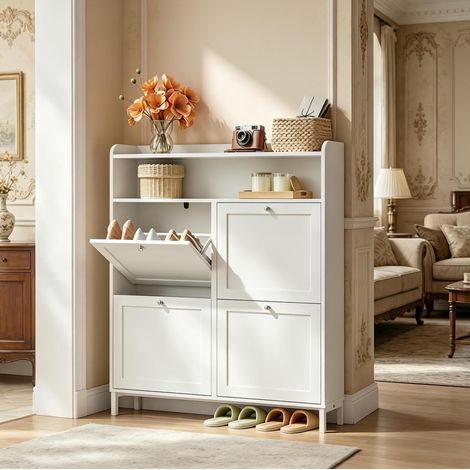 Schmaler Schuhschrank 100 x 19,5 x 107 cm, 4 Klappen, weiß OKMYHOME (1/4)