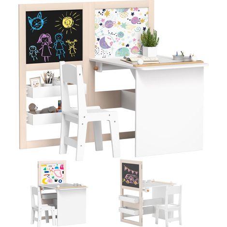 Table enfant avec chaise 3 en 1 avec chevalet pliable étagères de rangement, rouleau de papier - 3 à 8 ans, blanc (1/5)