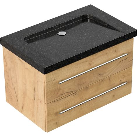 Badmöbel Granit Galaxy Black Damo 75 cm ohne Hahnloch SoftClose eiche gold (1/5)