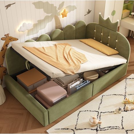 Letto bambini 90x200 cm con testiera, vano portaoggetti, base idraulica e rete a doghe in velluto, verde, senza materasso (1/5)