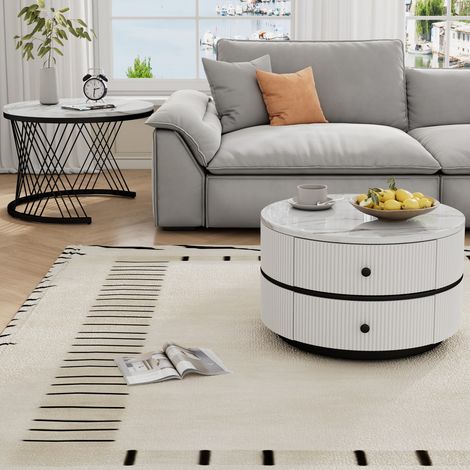 Lot de 2 tables basses gigognes rondes blanches effet marbre brillant, avec tiroirs, tables salon modernes empilables (1/5)