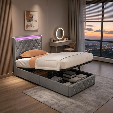 Lit coffre 90x200,lit simple 90x200,lit enfant,lit adulte,avec sommier à lattes,LED,USB,tissu en lin,lit 1 place,Gris (1/5)