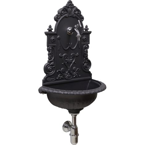 Fontana a muro Granada grigio ghisa per casa giardino balcone parete con rubinetto e sifone in ottone cromato