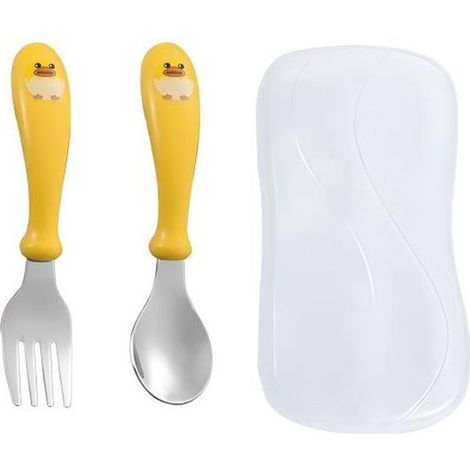 Juego de vajilla infantil de tres piezas: cuchara, tenedor, acero inoxidable, mango de plástico, bonito diseño de pollito. (1/5)
