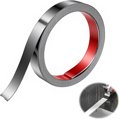 Moulure Murale, 5m2cm Acier Inoxydable à Décoller et à Coller, Baguette Inox Autocollante pour Mur, Plafond, Cadre de Miroir et Meuble, Garniture Flexible à Découper et Coller, Finition Brossée (1/5)
