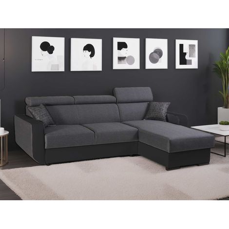 Dustin - ecksofa beidseitig montierbar - 4 sitzplätze - schlaffunktion und bettkasten - verstellbare kopfstützen - schwarz / grau