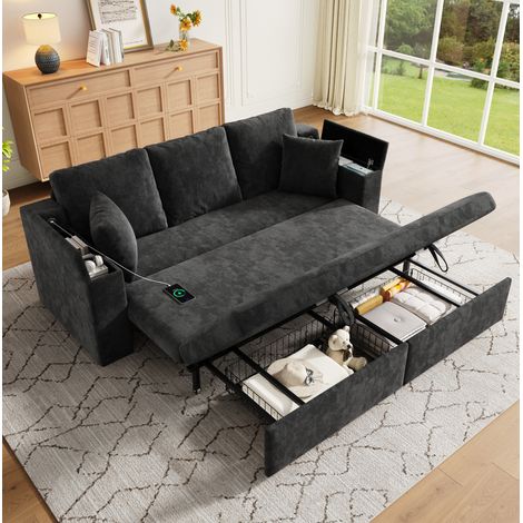 Divano letto 3 posti 210.5x192x93 cm, 3 in 1 estraibile con USB e Type C, vani portaoggetti, chenille grigio (1/5)