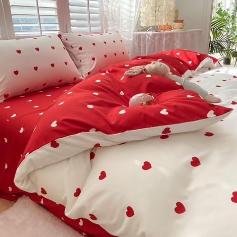 Housse de Couette 240x260 Adulte Coeur Blanc Rouge Parure de lit (1/5)
