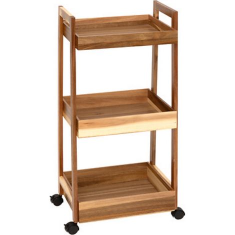 Desserte à roues 3 niveaux en bois d'acacia - Longueur 40 x largeur 30,5 x Hauteur 84,5 cm (1/5)