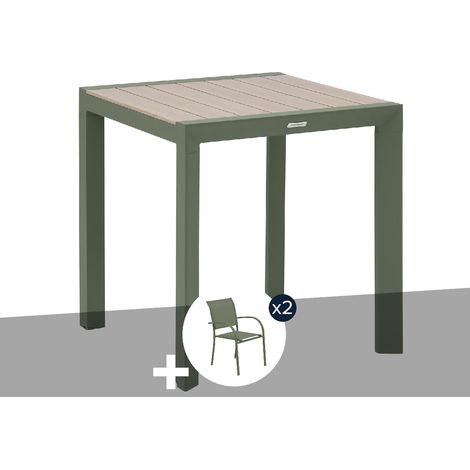 Table de jardin carrée alu Evasion 2 places effet bois Lin et laurier + 2 fauteuils Piazza - Hespéride (1/5)