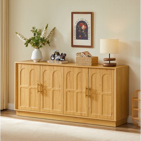 Aparador 169x40x80 cm natural en MDF con puertas curvadas y estantes ajustables (1/5)
