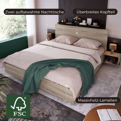 (=280708AAE) Lit double en bois, ensemble de lit 160 x 200 cm avec 2 tables de chevet, lit moderne, chambre à coucher complète - 205.5x235x76.5 cm(T/B/H), ensemble en chêne Sonoma/gris foncé