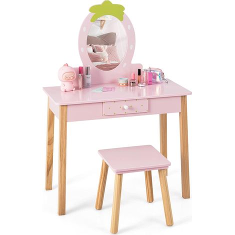 COSTWAY 2 en 1 Juego de Tocador de Maquillaje para Niñas, Tocador de Maquillaje de Madera para Niñas con Taburete, espejo en forma de fresa y cajón, Set de Maquillaje con Espejo y Silla para Niñas