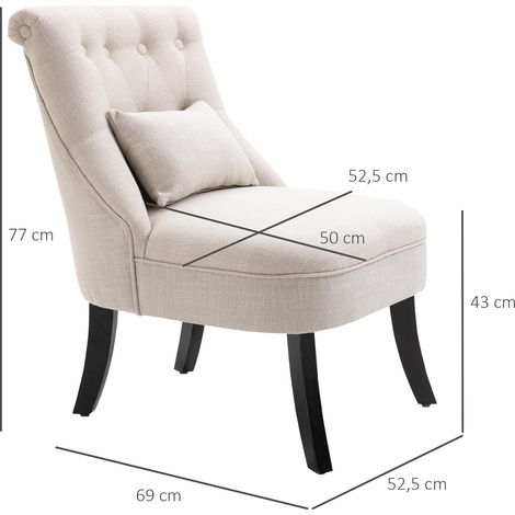Fauteuil relax avec coussin dorsal, fauteuil lounge aspect lin, pieds en bois, pour salon ou chambre, dimensions 52,5 x 69 x 77 cm, blanc crème (1/5)