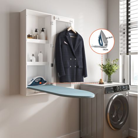 MEUBLIV Wand-Bügelarmoire weiß mit Spiegel und integriertem Stauraum, klappbar (1/5)
