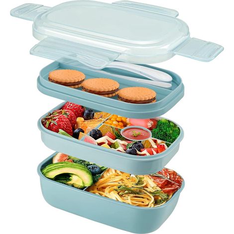 Boite Bento à 3 Couches avec Séparations, Lunch Box pour Enfant et Adulte Boite Lunch sans BPA (Bleu) (1/5)