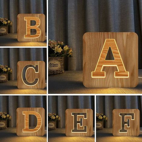 Ampoule Veilleuse Pour 26 Lettres Bois 3D Lampe Créative Lumières En Bois Simples Lumières Décoratives 3D Bois Sculpture Motif Led Veilleuse Pour Bureau (1/3)