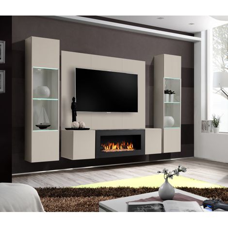 Ensemble meuble TV mural Fly M-P3 avec cheminée bioéthanol, vitrine et éclairage LED - Bois MDF cachemire - 240 x 170 x 40 cm - Livraison gratuite